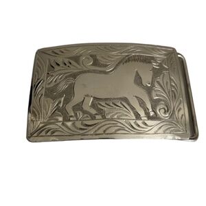 Vintage Silver Tone Unmarked 3" x 2" Engraved Horse Western Belt Buckle